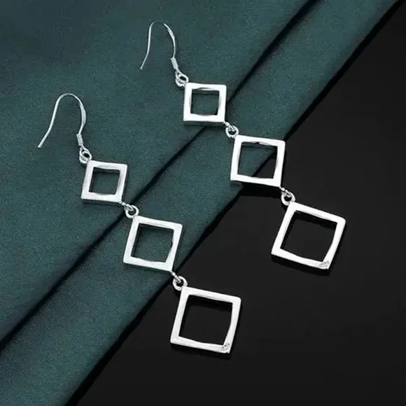 Gorgeous Hypoallergenic Hanging Squares 925 Sterling Silver 3 Inch Long Earrings - Picture 6 of 6